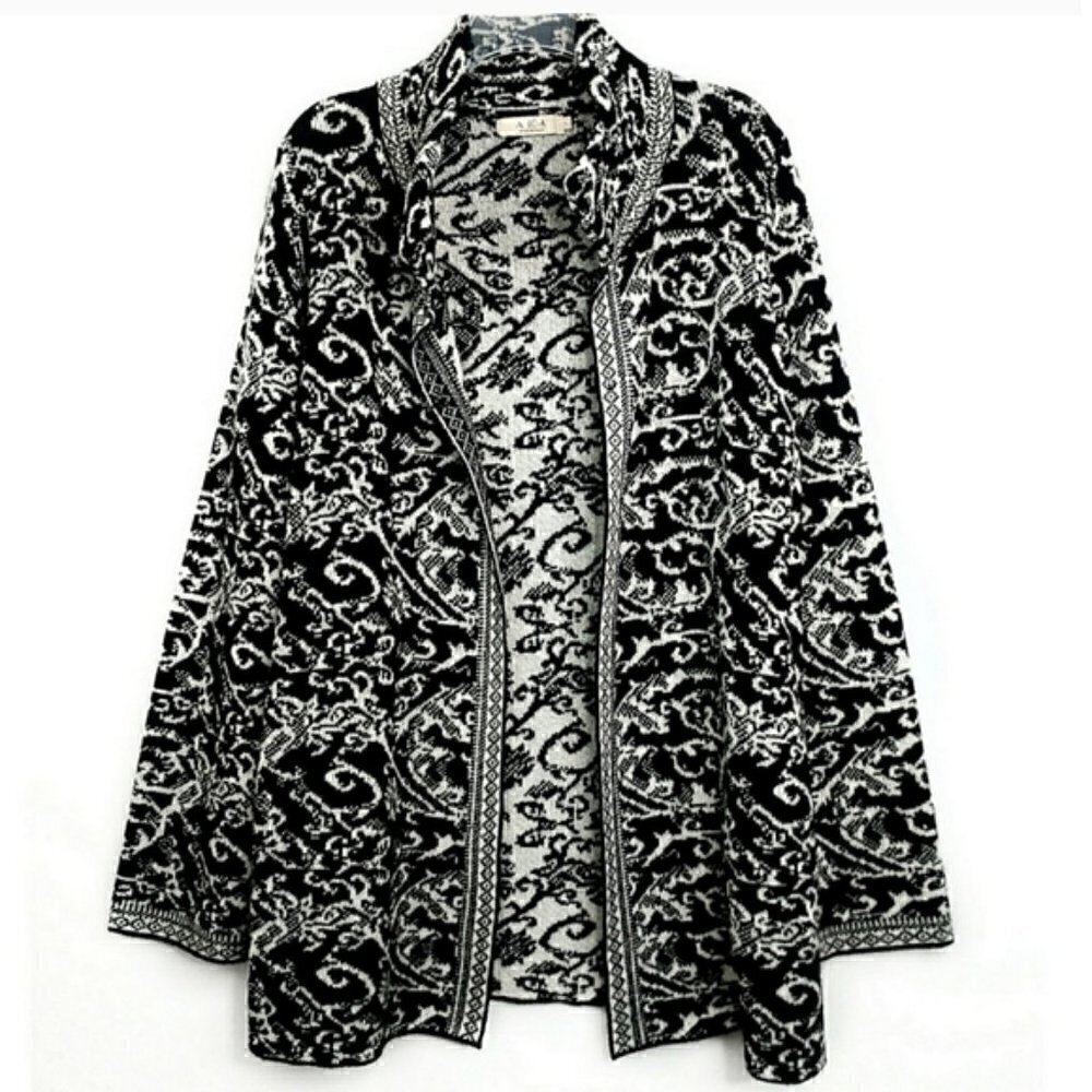 A. Ida Open Front Black and White High Collar Wool Cardigan Size M
